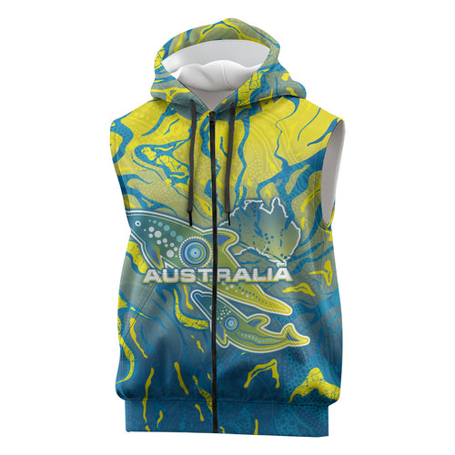 Australia National Swimming Team Sleeveless Zip Hoodie Aboriginal Shark Dot Pattern Ocean Art