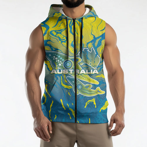 Australia National Swimming Team Sleeveless Zip Hoodie Aboriginal Shark Dot Pattern Ocean Art