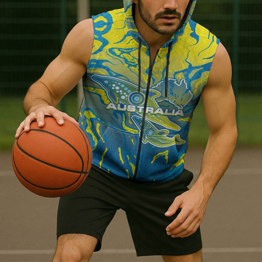 Australia National Swimming Team Sleeveless Zip Hoodie Aboriginal Shark Dot Pattern Ocean Art