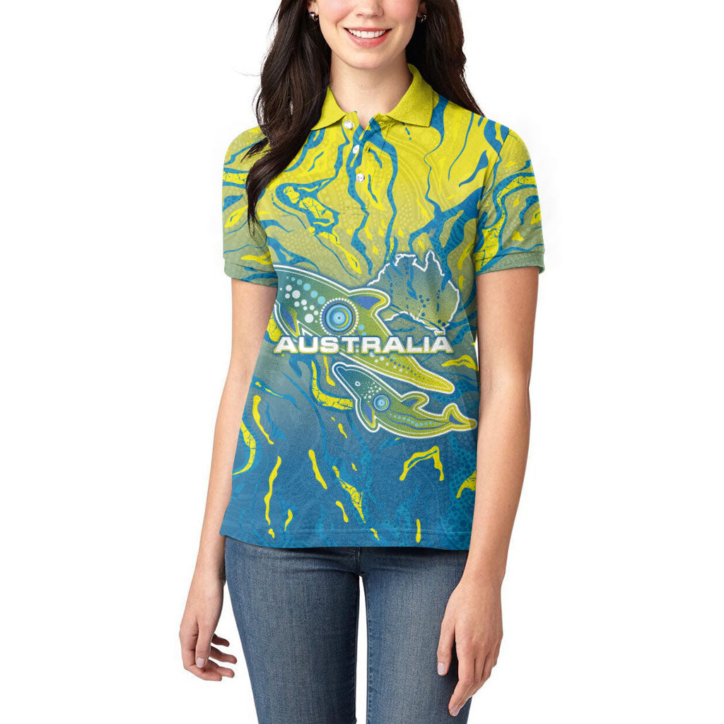 Australia National Swimming Team Women Polo Shirt Aboriginal Shark Dot Pattern Ocean Art