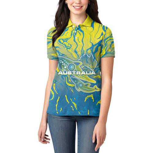 Australia National Swimming Team Women Polo Shirt Aboriginal Shark Dot Pattern Ocean Art