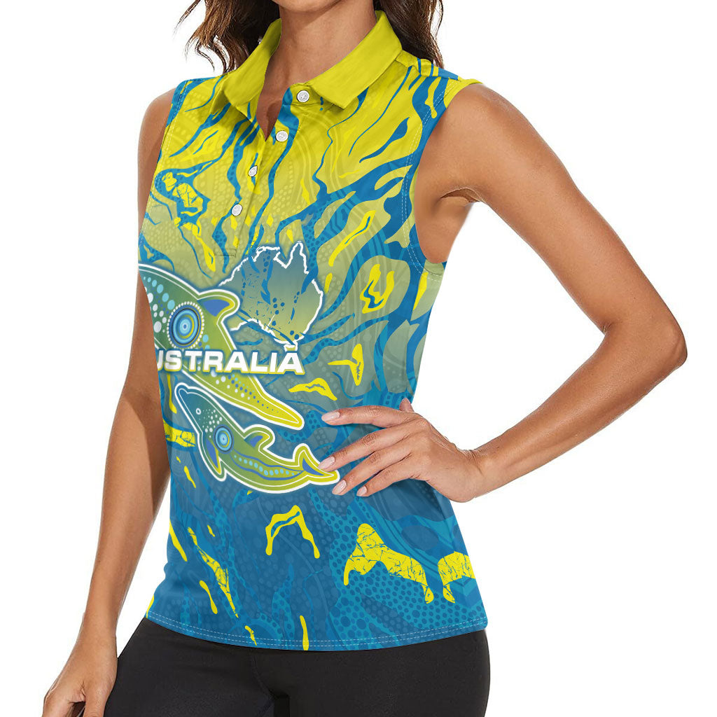 Australia National Swimming Team Women Sleeveless Polo Shirt Aboriginal Shark Dot Pattern Ocean Art
