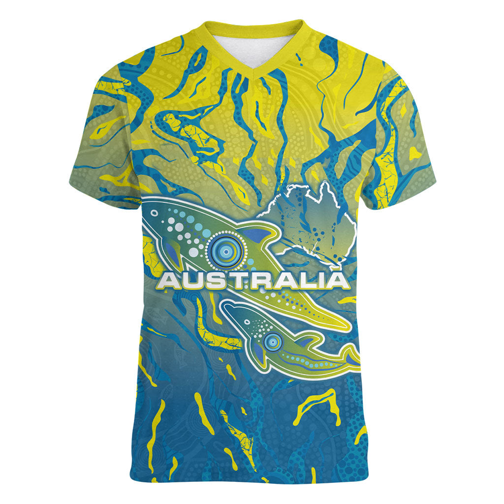 Australia National Swimming Team Women V-Neck T-Shirt Aboriginal Shark Dot Pattern Ocean Art