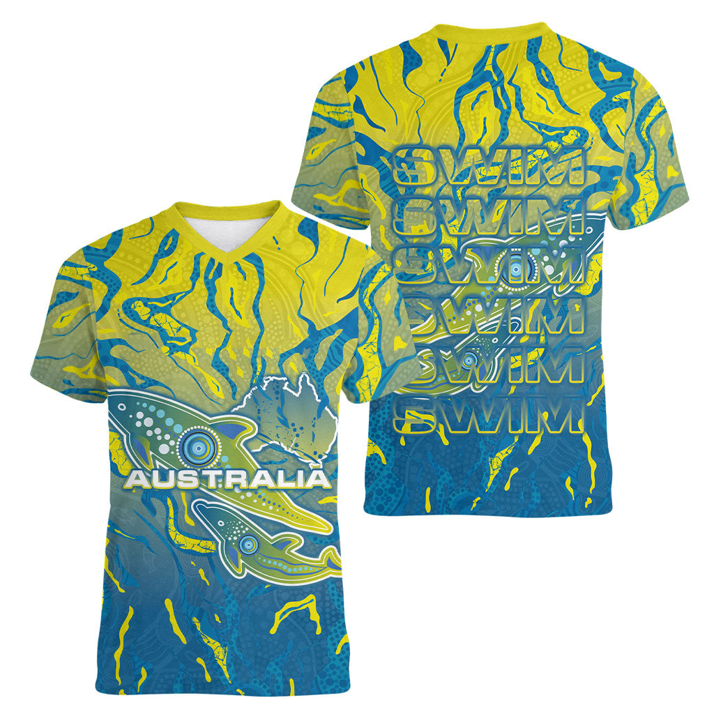 Australia National Swimming Team Women V-Neck T-Shirt Aboriginal Shark Dot Pattern Ocean Art