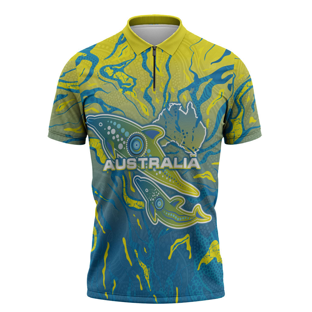 Australia National Swimming Team Zipper Polo Shirt Aboriginal Shark Dot Pattern Ocean Art