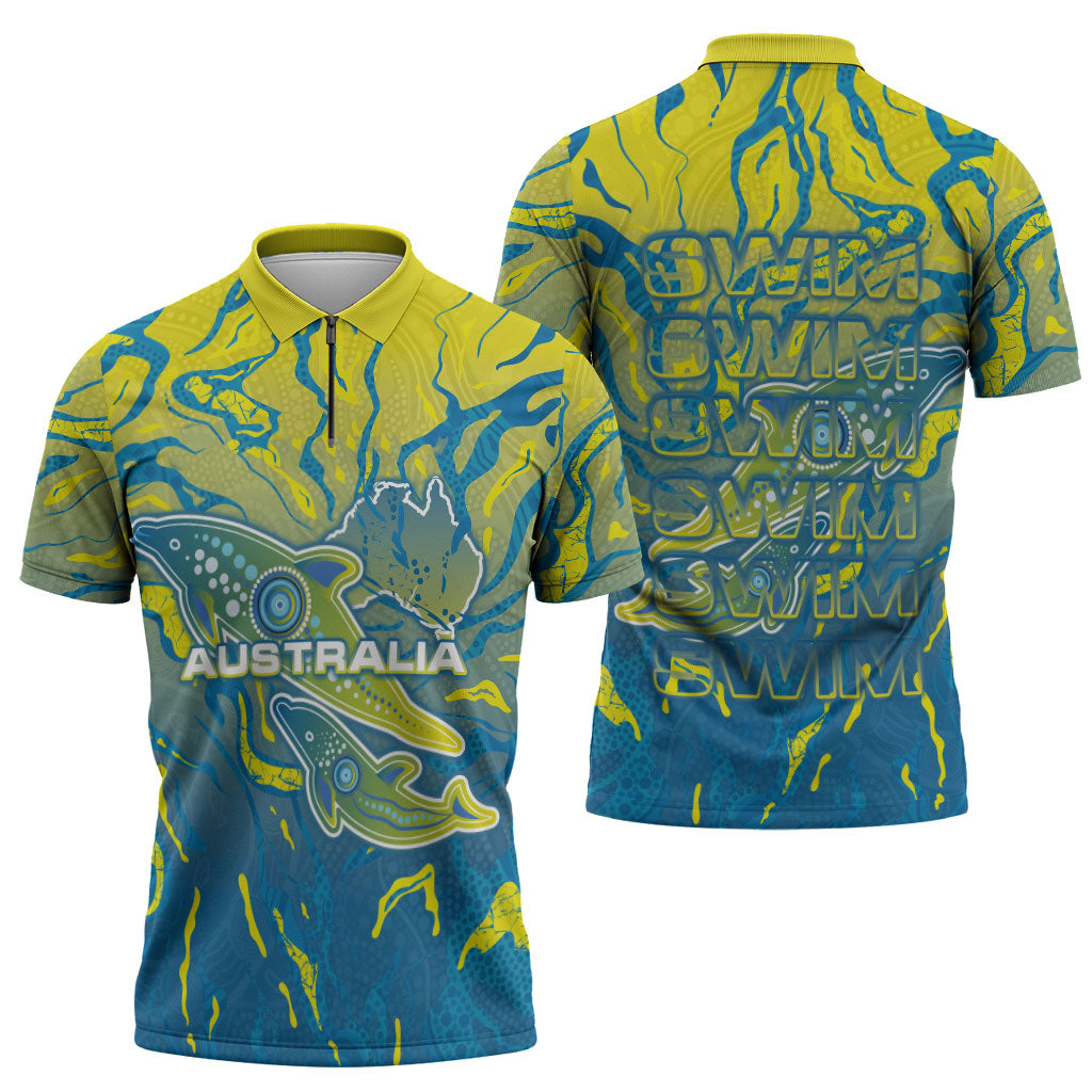 Australia National Swimming Team Zipper Polo Shirt Aboriginal Shark Dot Pattern Ocean Art