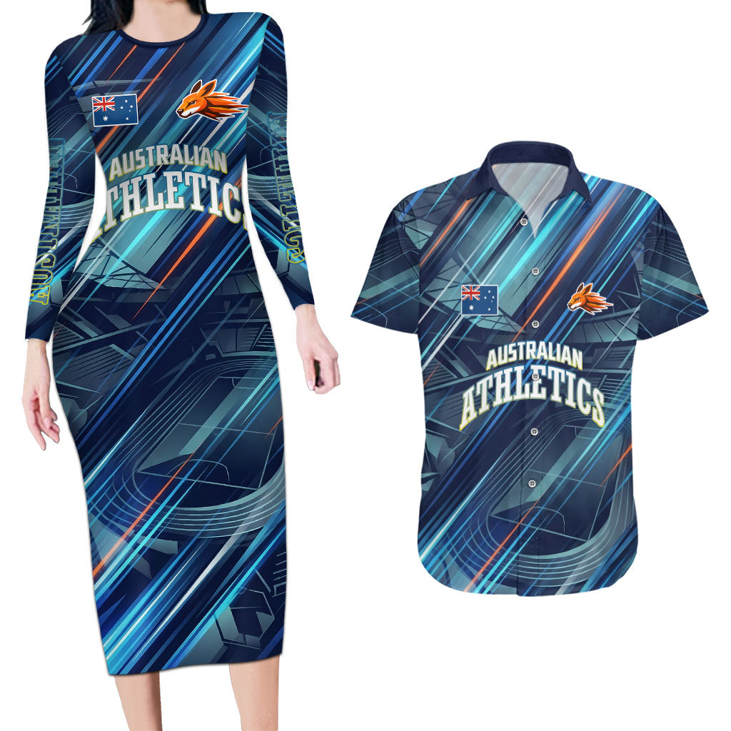 Australian Athletics Couples Matching Long Sleeve Bodycon Dress and Hawaiian Shirt Geometric Digital Sport Motion Art