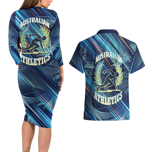 Australian Athletics Couples Matching Long Sleeve Bodycon Dress and Hawaiian Shirt Geometric Digital Sport Motion Art
