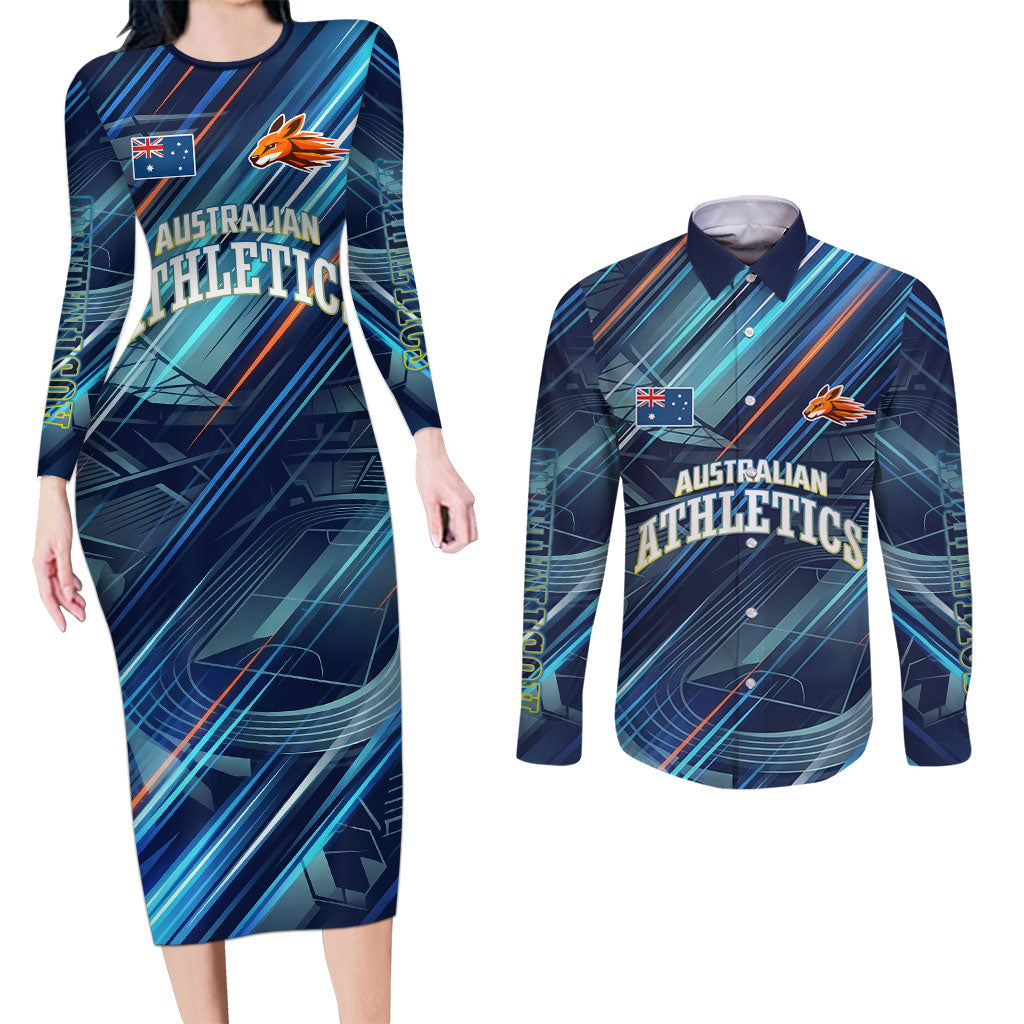 Australian Athletics Couples Matching Long Sleeve Bodycon Dress and Long Sleeve Button Shirt Geometric Digital Sport Motion Art