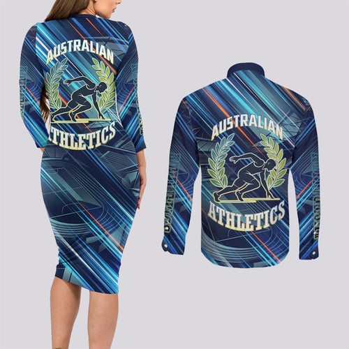 Australian Athletics Couples Matching Long Sleeve Bodycon Dress and Long Sleeve Button Shirt Geometric Digital Sport Motion Art