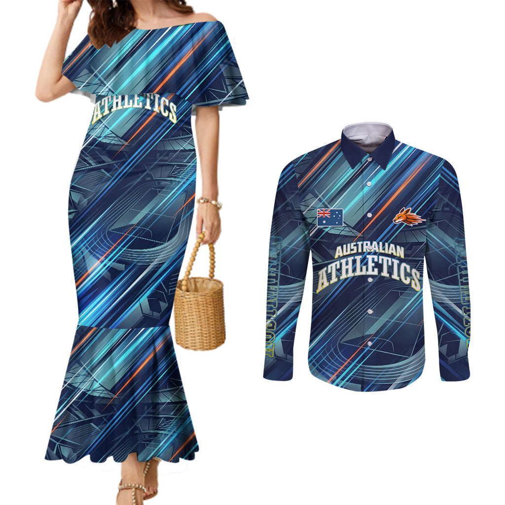 Australian Athletics Couples Matching Mermaid Dress and Long Sleeve Button Shirt Geometric Digital Sport Motion Art