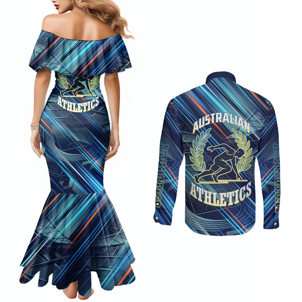 Australian Athletics Couples Matching Mermaid Dress and Long Sleeve Button Shirt Geometric Digital Sport Motion Art