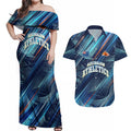 Australian Athletics Couples Matching Off Shoulder Maxi Dress and Hawaiian Shirt Geometric Digital Sport Motion Art