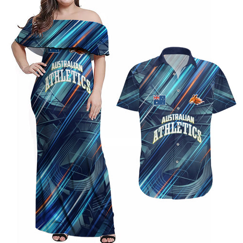 Australian Athletics Couples Matching Off Shoulder Maxi Dress and Hawaiian Shirt Geometric Digital Sport Motion Art