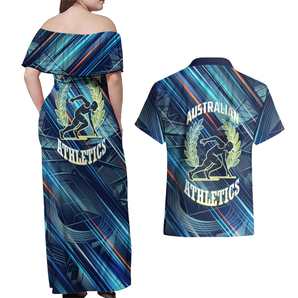 Australian Athletics Couples Matching Off Shoulder Maxi Dress and Hawaiian Shirt Geometric Digital Sport Motion Art