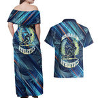 Australian Athletics Couples Matching Off Shoulder Maxi Dress and Hawaiian Shirt Geometric Digital Sport Motion Art