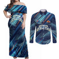 Australian Athletics Couples Matching Off Shoulder Maxi Dress and Long Sleeve Button Shirt Geometric Digital Sport Motion Art