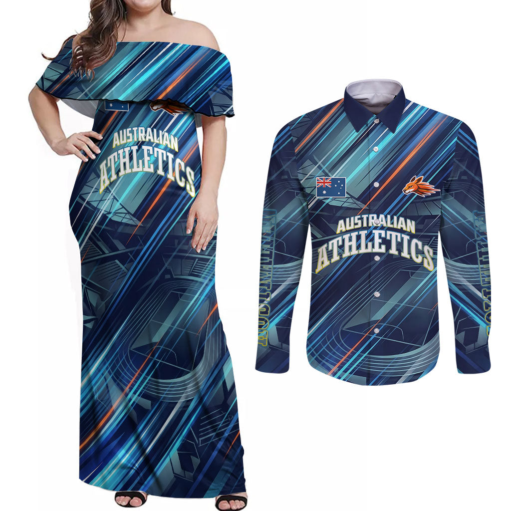Australian Athletics Couples Matching Off Shoulder Maxi Dress and Long Sleeve Button Shirt Geometric Digital Sport Motion Art