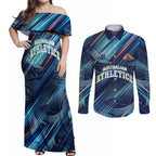Australian Athletics Couples Matching Off Shoulder Maxi Dress and Long Sleeve Button Shirt Geometric Digital Sport Motion Art