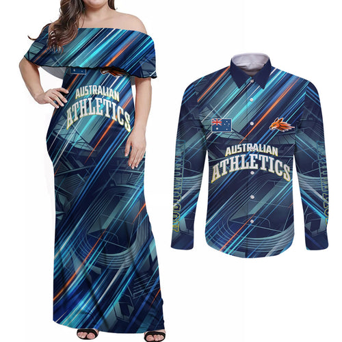 Australian Athletics Couples Matching Off Shoulder Maxi Dress and Long Sleeve Button Shirt Geometric Digital Sport Motion Art