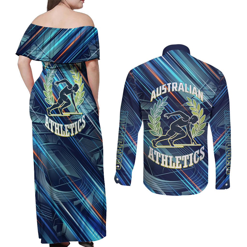 Australian Athletics Couples Matching Off Shoulder Maxi Dress and Long Sleeve Button Shirt Geometric Digital Sport Motion Art