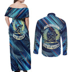 Australian Athletics Couples Matching Off Shoulder Maxi Dress and Long Sleeve Button Shirt Geometric Digital Sport Motion Art