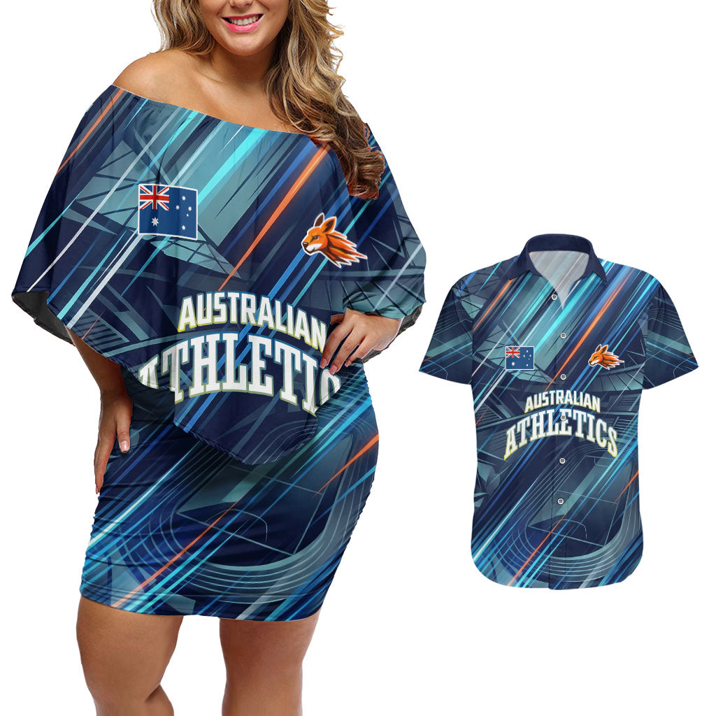 Australian Athletics Couples Matching Off Shoulder Short Dress and Hawaiian Shirt Geometric Digital Sport Motion Art