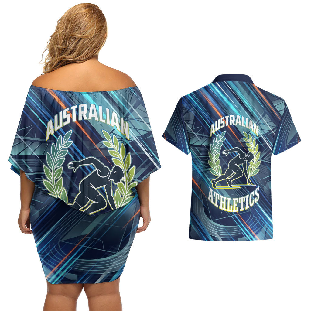 Australian Athletics Couples Matching Off Shoulder Short Dress and Hawaiian Shirt Geometric Digital Sport Motion Art