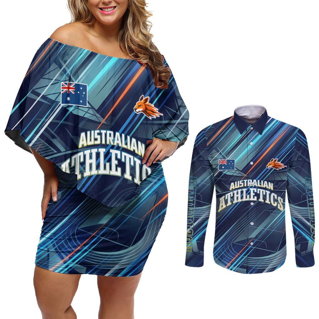 Australian Athletics Couples Matching Off Shoulder Short Dress and Long Sleeve Button Shirt Geometric Digital Sport Motion Art