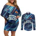 Australian Athletics Couples Matching Off Shoulder Short Dress and Long Sleeve Button Shirt Geometric Digital Sport Motion Art
