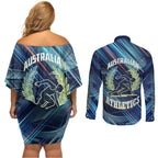 Australian Athletics Couples Matching Off Shoulder Short Dress and Long Sleeve Button Shirt Geometric Digital Sport Motion Art
