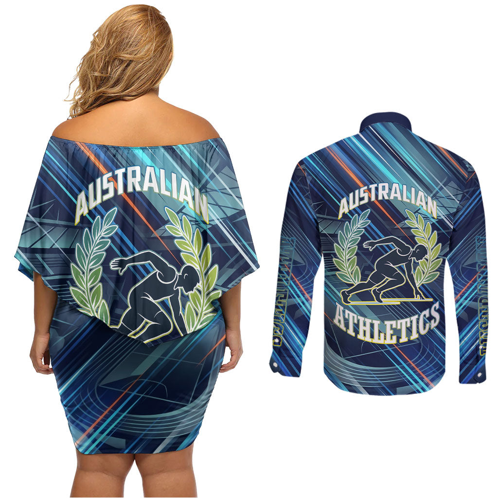 Australian Athletics Couples Matching Off Shoulder Short Dress and Long Sleeve Button Shirt Geometric Digital Sport Motion Art