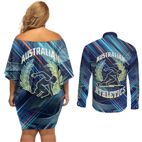 Australian Athletics Couples Matching Off Shoulder Short Dress and Long Sleeve Button Shirt Geometric Digital Sport Motion Art