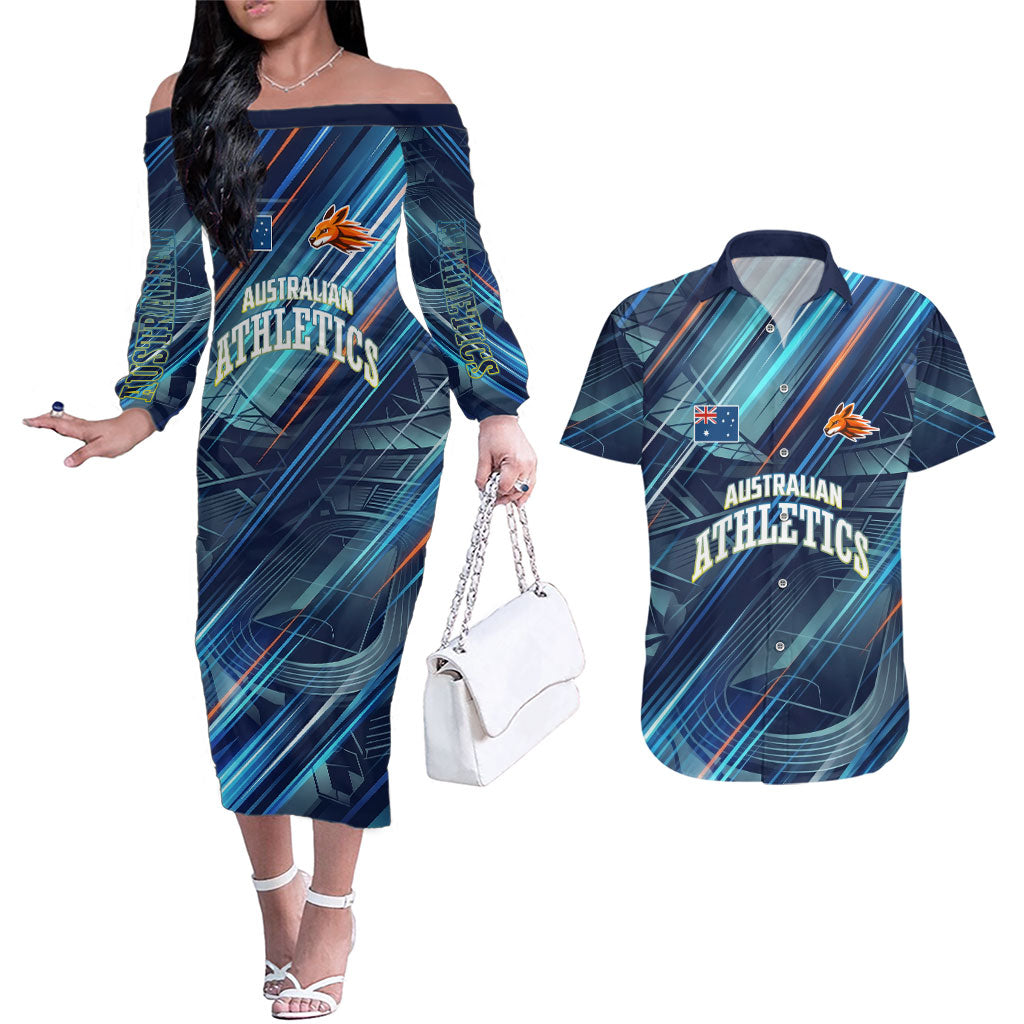 Australian Athletics Couples Matching Off The Shoulder Long Sleeve Dress and Hawaiian Shirt Geometric Digital Sport Motion Art