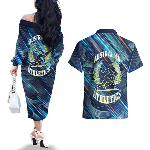 Australian Athletics Couples Matching Off The Shoulder Long Sleeve Dress and Hawaiian Shirt Geometric Digital Sport Motion Art