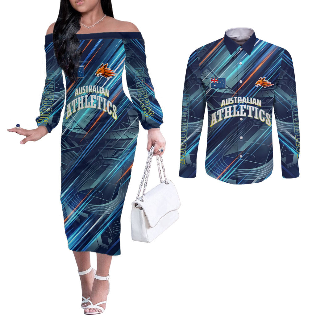 Australian Athletics Couples Matching Off The Shoulder Long Sleeve Dress and Long Sleeve Button Shirt Geometric Digital Sport Motion Art