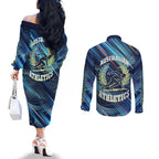 Australian Athletics Couples Matching Off The Shoulder Long Sleeve Dress and Long Sleeve Button Shirt Geometric Digital Sport Motion Art