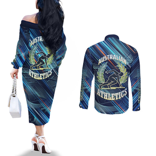 Australian Athletics Couples Matching Off The Shoulder Long Sleeve Dress and Long Sleeve Button Shirt Geometric Digital Sport Motion Art