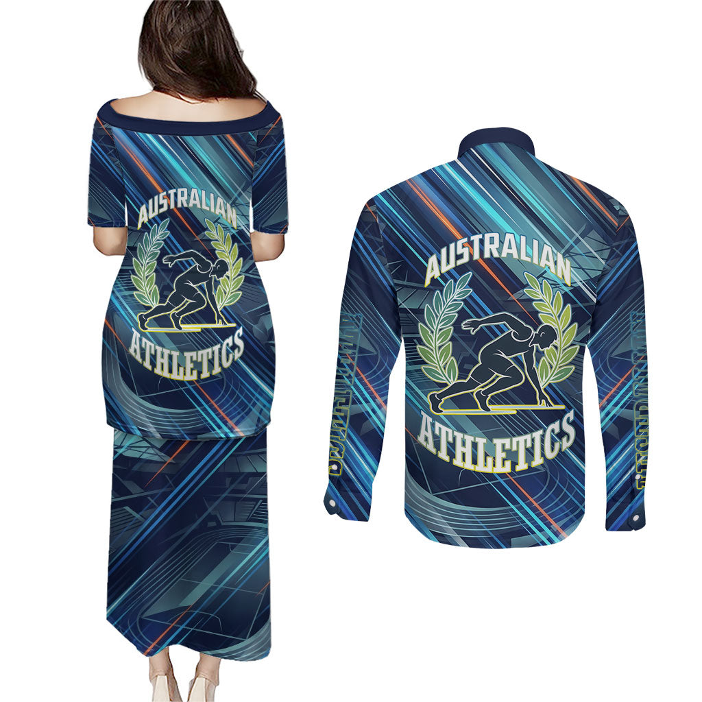 Australian Athletics Couples Matching Puletasi and Long Sleeve Button Shirt Geometric Digital Sport Motion Art