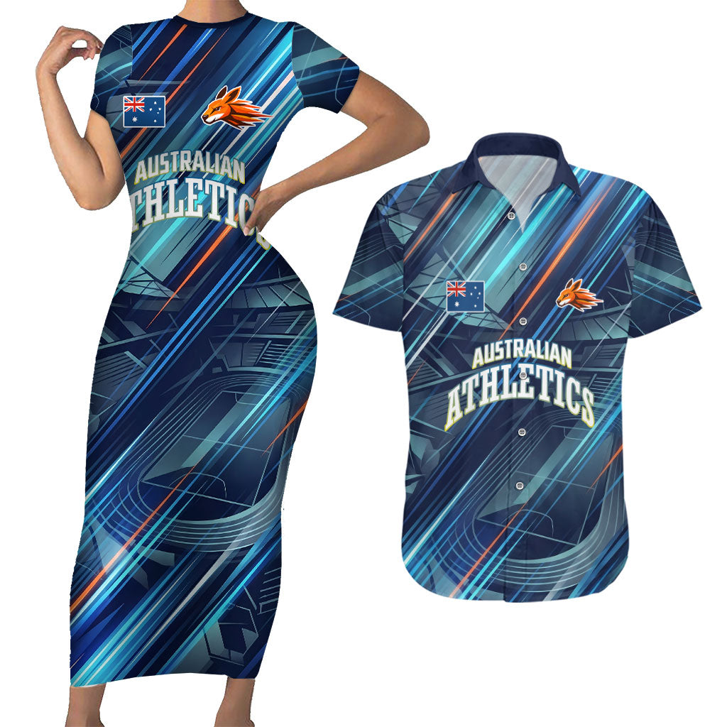 Australian Athletics Couples Matching Short Sleeve Bodycon Dress and Hawaiian Shirt Geometric Digital Sport Motion Art