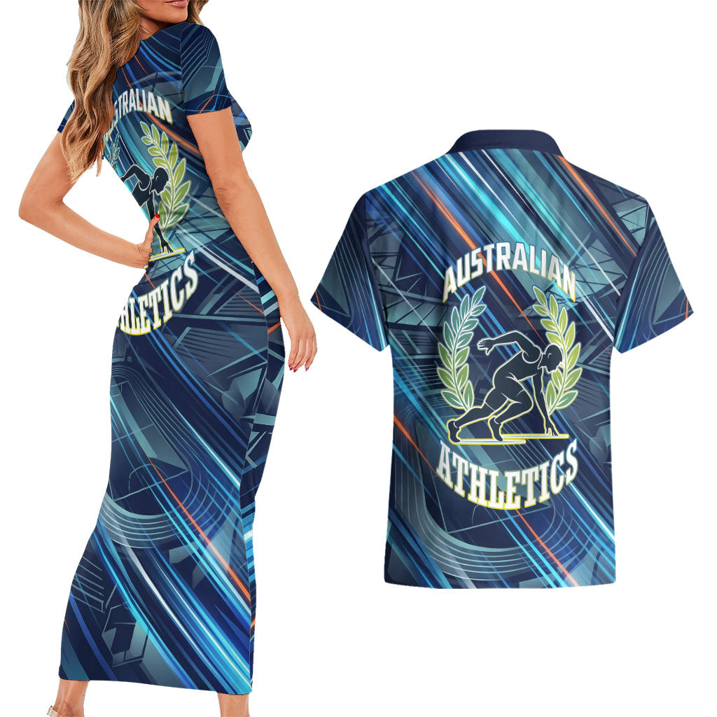 Australian Athletics Couples Matching Short Sleeve Bodycon Dress and Hawaiian Shirt Geometric Digital Sport Motion Art
