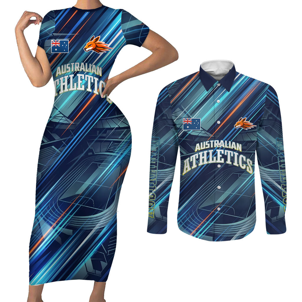 Australian Athletics Couples Matching Short Sleeve Bodycon Dress and Long Sleeve Button Shirt Geometric Digital Sport Motion Art