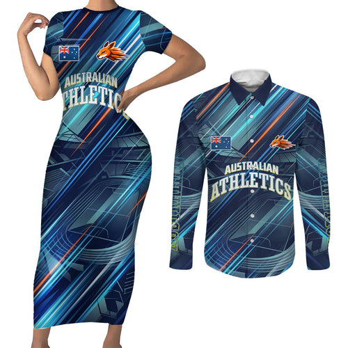 Australian Athletics Couples Matching Short Sleeve Bodycon Dress and Long Sleeve Button Shirt Geometric Digital Sport Motion Art