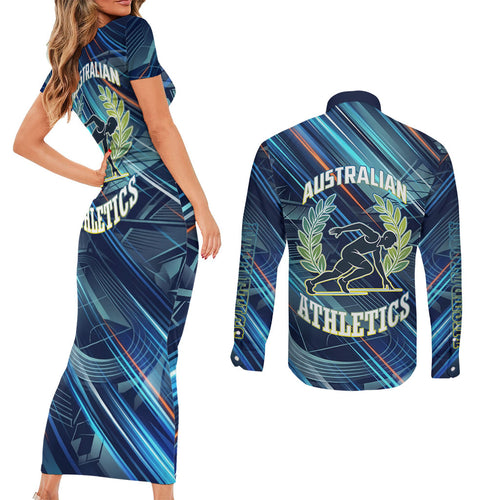 Australian Athletics Couples Matching Short Sleeve Bodycon Dress and Long Sleeve Button Shirt Geometric Digital Sport Motion Art