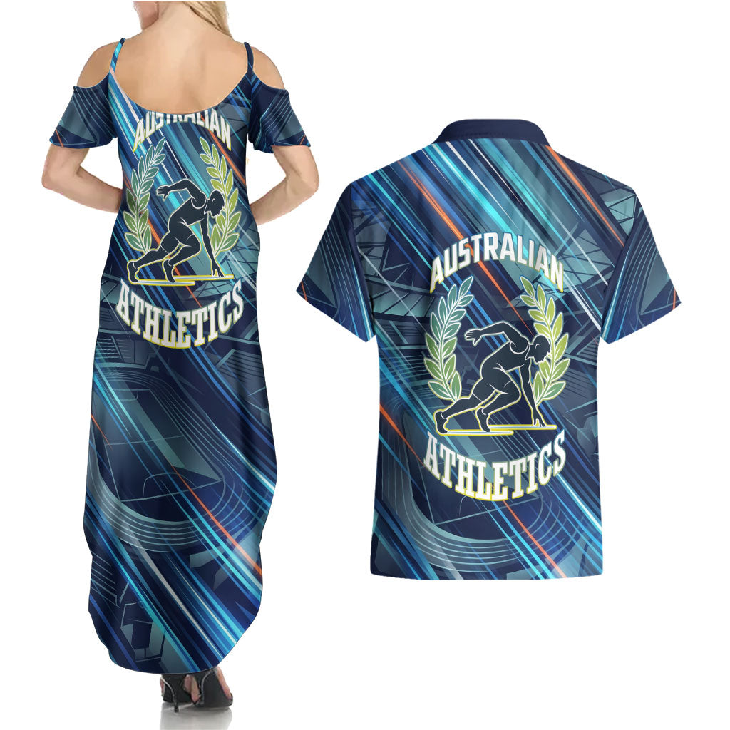 Australian Athletics Couples Matching Summer Maxi Dress and Hawaiian Shirt Geometric Digital Sport Motion Art