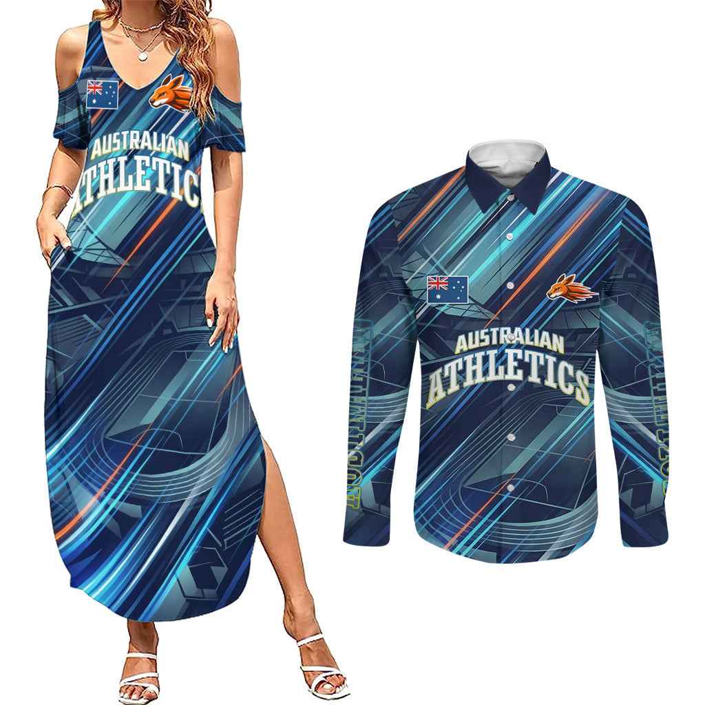 Australian Athletics Couples Matching Summer Maxi Dress and Long Sleeve Button Shirt Geometric Digital Sport Motion Art