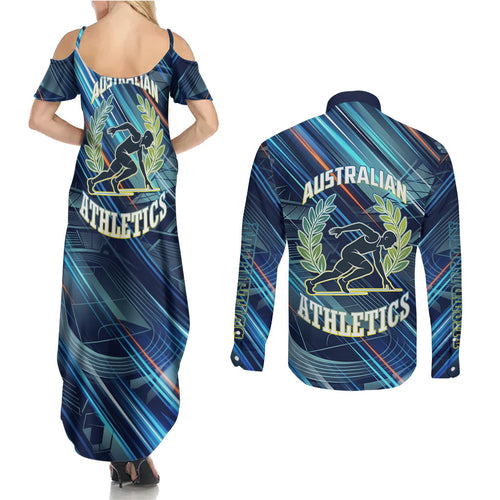 Australian Athletics Couples Matching Summer Maxi Dress and Long Sleeve Button Shirt Geometric Digital Sport Motion Art