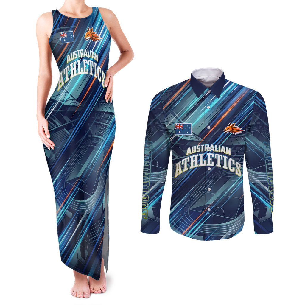 Australian Athletics Couples Matching Tank Maxi Dress and Long Sleeve Button Shirt Geometric Digital Sport Motion Art