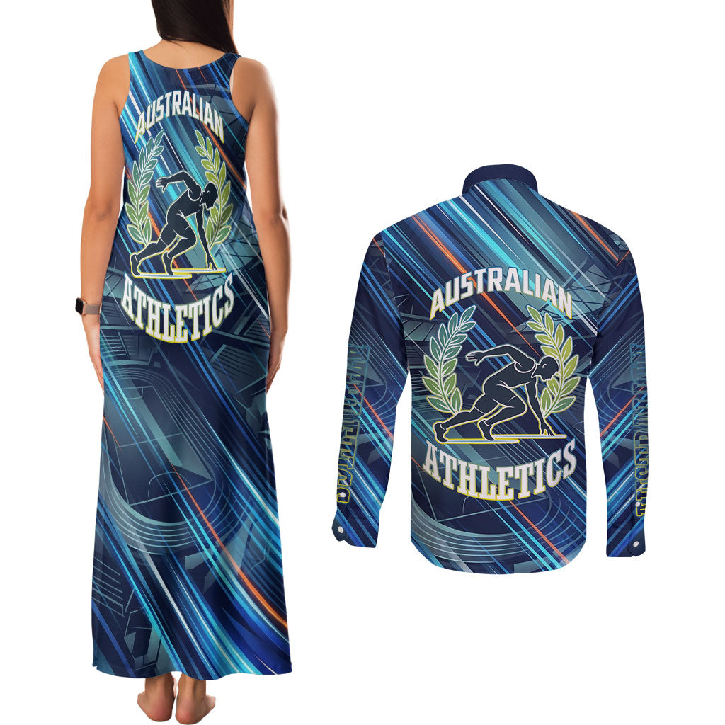 Australian Athletics Couples Matching Tank Maxi Dress and Long Sleeve Button Shirt Geometric Digital Sport Motion Art