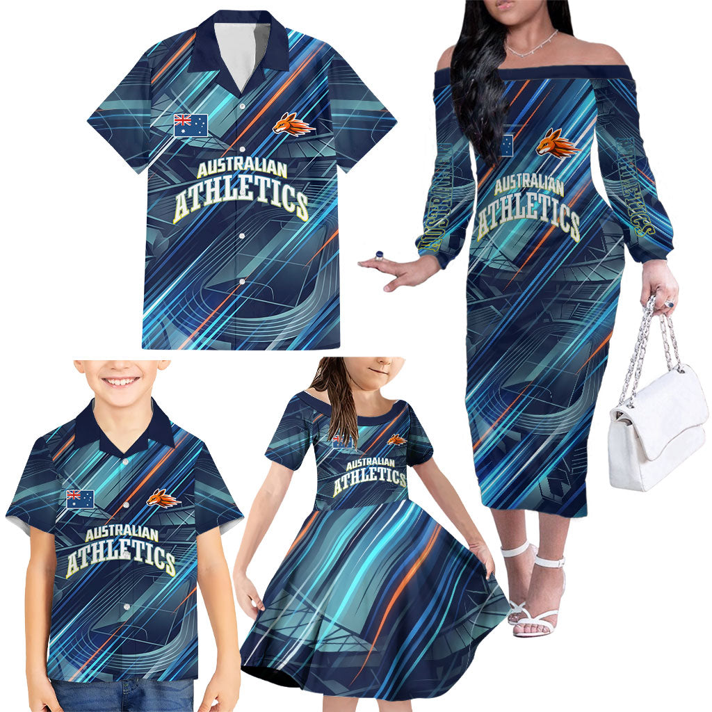 Australian Athletics Family Matching Off The Shoulder Long Sleeve Dress and Hawaiian Shirt Geometric Digital Sport Motion Art